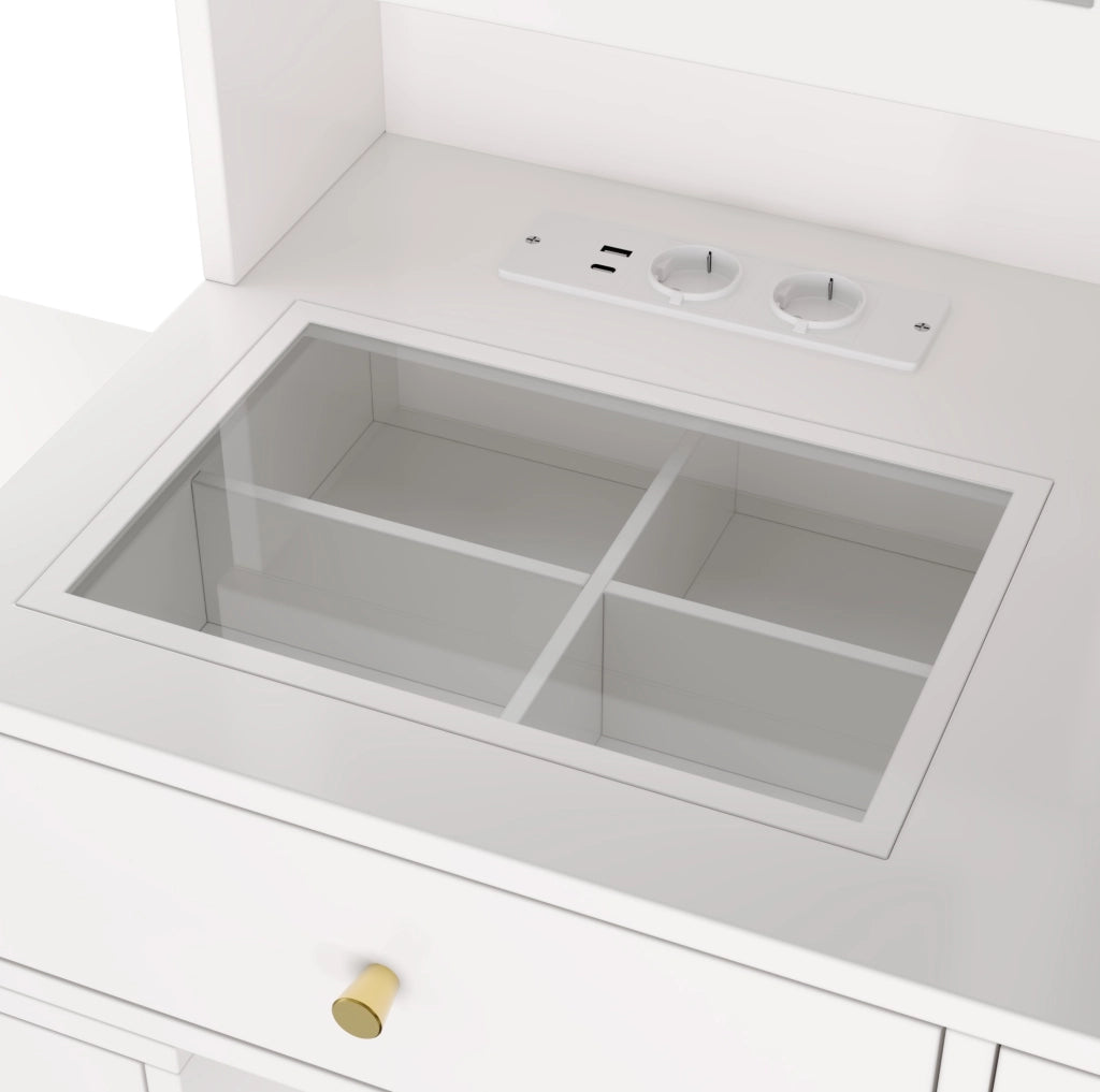 Tavolo trucco con specchio LED, porte USB e Type-C, 2 prese e ampio spazio