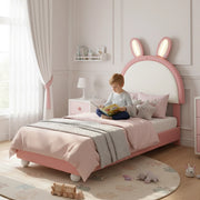 Letto imbottito per bambini con testiera a coniglio e LED, 90x200 cm, rosa/bianco