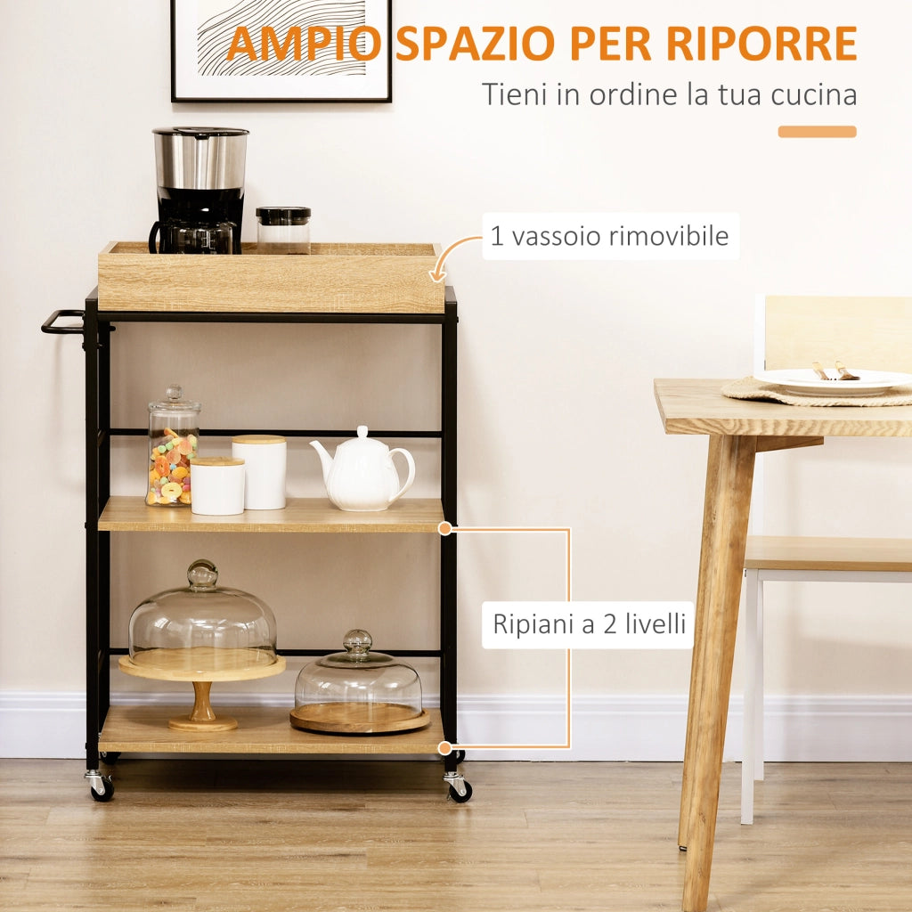 Carrello da Cucina 3 Ripiani con Vassoio Rimovibile ¨C Zephmum ¨C Legno e Nero 72x40x94cm