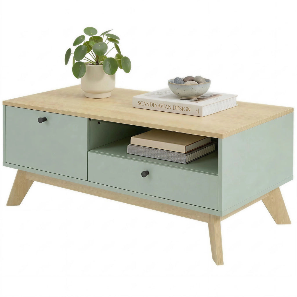 Tavolino da salotto con cassetto ¨C Zephmum ¨C Verde chiaro e quercia