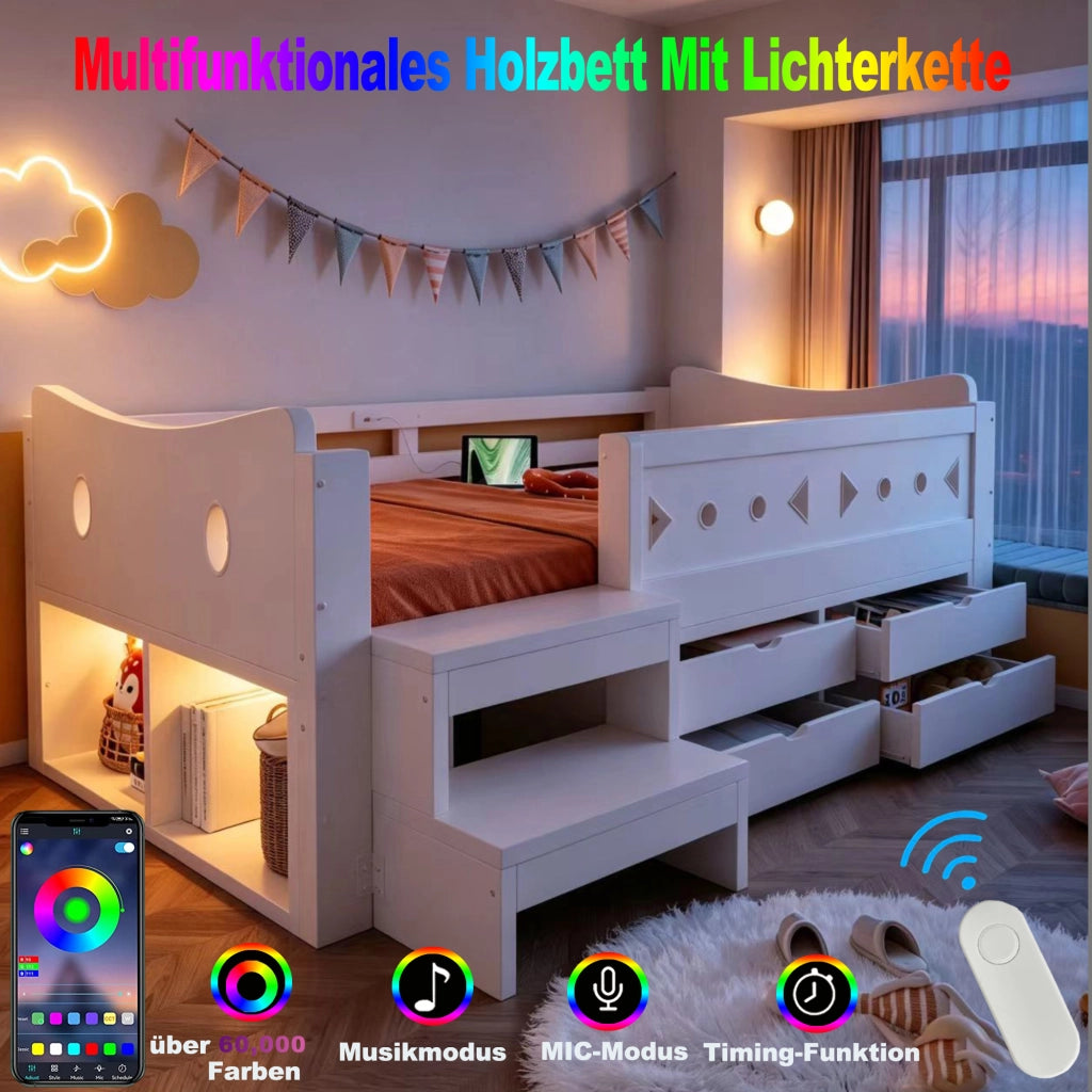 Letto singolo per bambini 90x200 cm con cassetti; testiera portaoggetti; sponda; LED; USB e USB-C; legno bianco