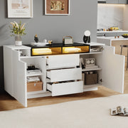 Credenza e madia con 2 ante, 3 cassetti, vani aperti e LED, per soggiorno, bianco e nero 140 × 40 × 68 cm