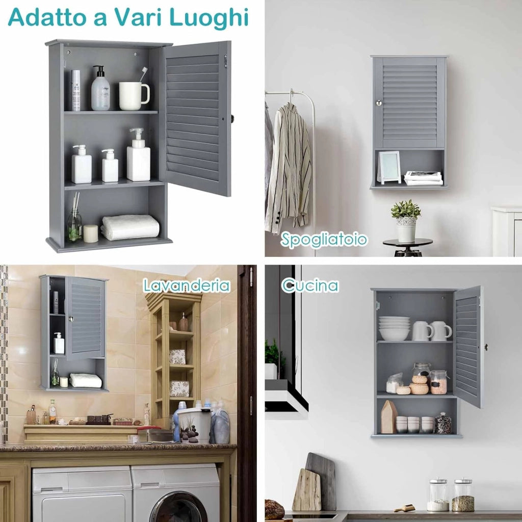 Armadio del Bagno Montato a Muro, Mensola Interna Regolabile, Struttura in MDF di QualitÃ , Pratico e Salva Spazio, Design Unico (Grigio)