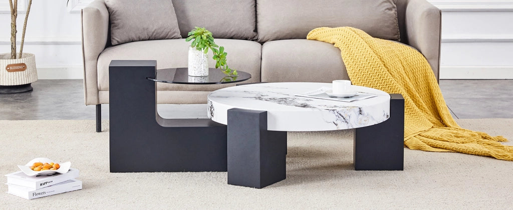 TAVOLINO DA SALOTTO Set da 2 pezzi Ø61/44 cm MDF bianco effetto marmo e nero