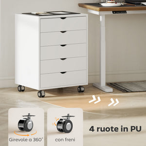 Cassettiera da Ufficio 50x40x67,5 cm con 5 Cassetti per Documenti A3 Ruote e Blocco Bianco