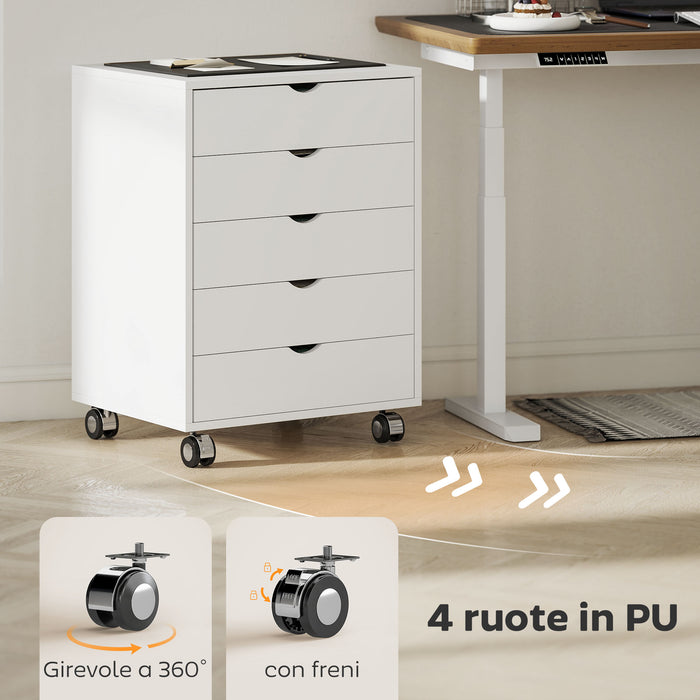 Cassettiera da Ufficio 50x40x67,5 cm con 5 Cassetti per Documenti A3 Ruote e Blocco Bianco