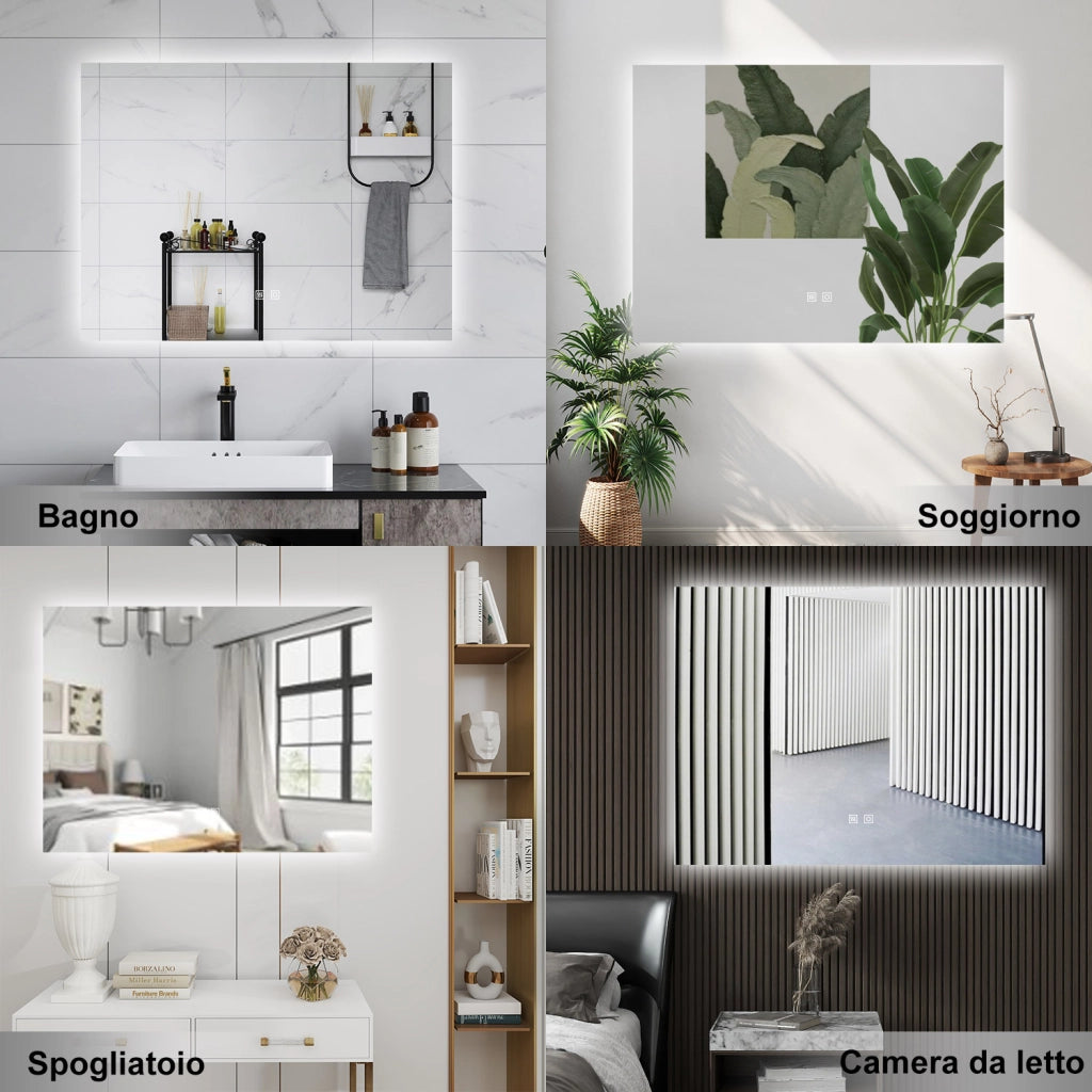AICA Specchio da bagno 80 x 60 cm, dimmerabile, Funzione Memoria, antiappannamento, 3 colori