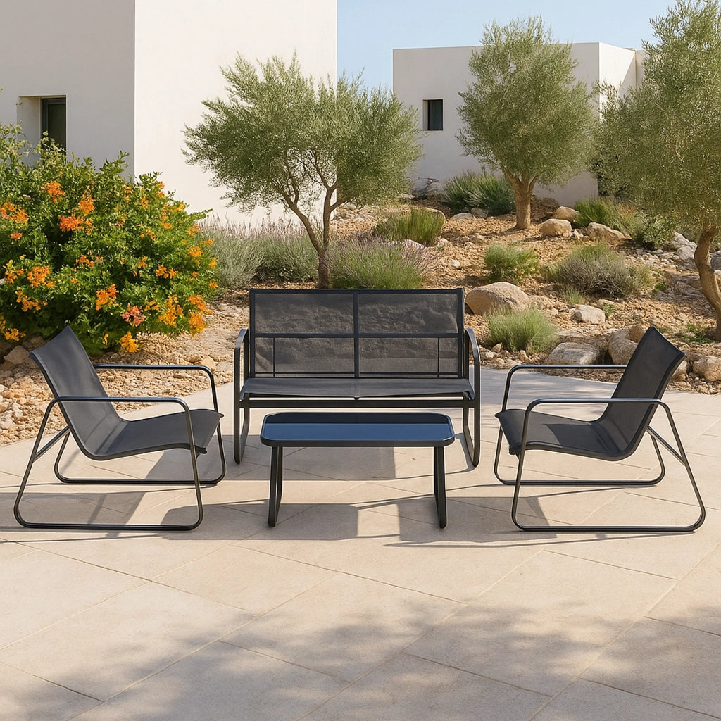 Set Palencia di Mobili da Giardino Tavolino Divano e 2 Sedie da Esterno - Grigio Chiaro/Nero [en.casa]