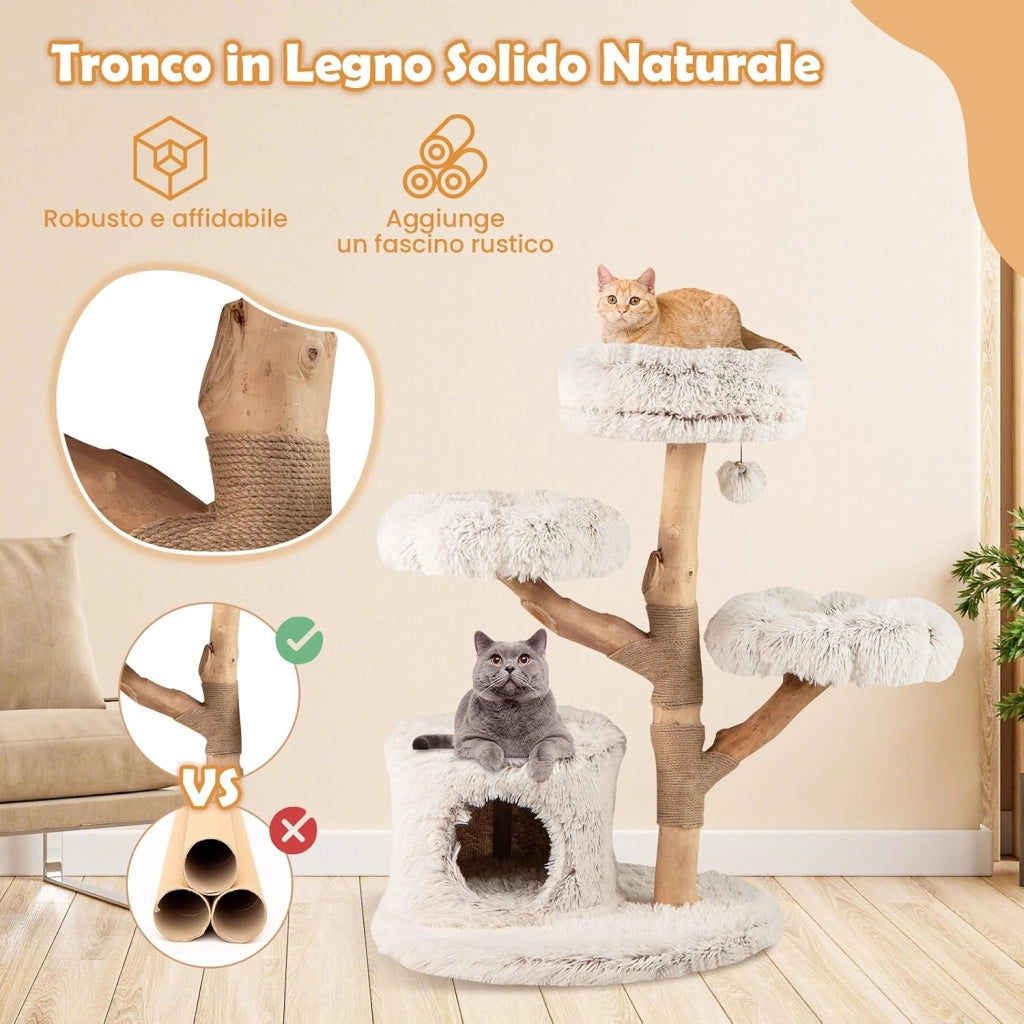Albero per Gatti, Tiragraffi per Gattini in Legno Alta 102 cm con Condominio, 2 Piattaforme a Forma di Fiore, Trespolo e Palo per Grattarsi in Juta, Mobile da Arrampicata per Interno