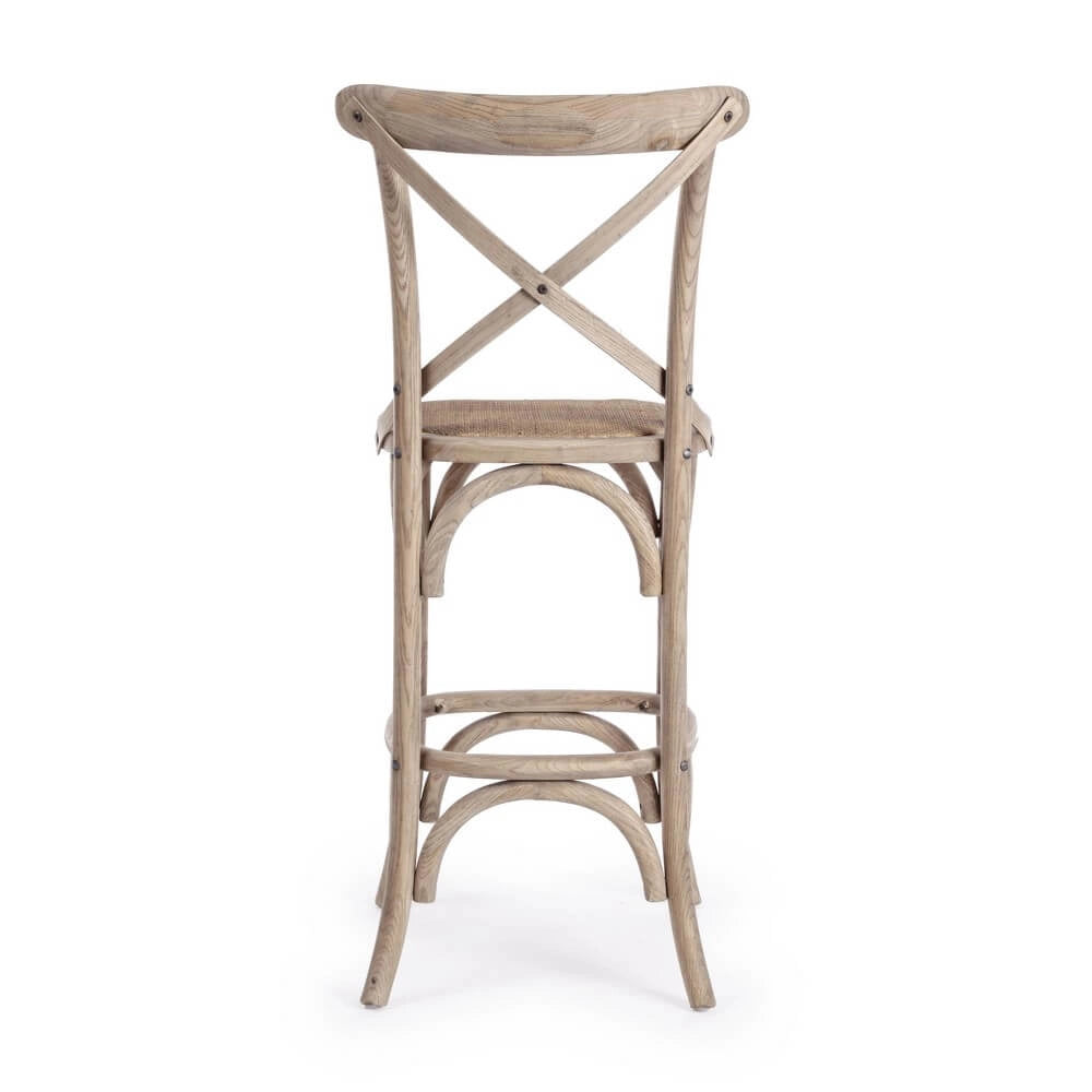 Sgabello da bar in legno di olmo con seduta in rattan naturale - CROSS