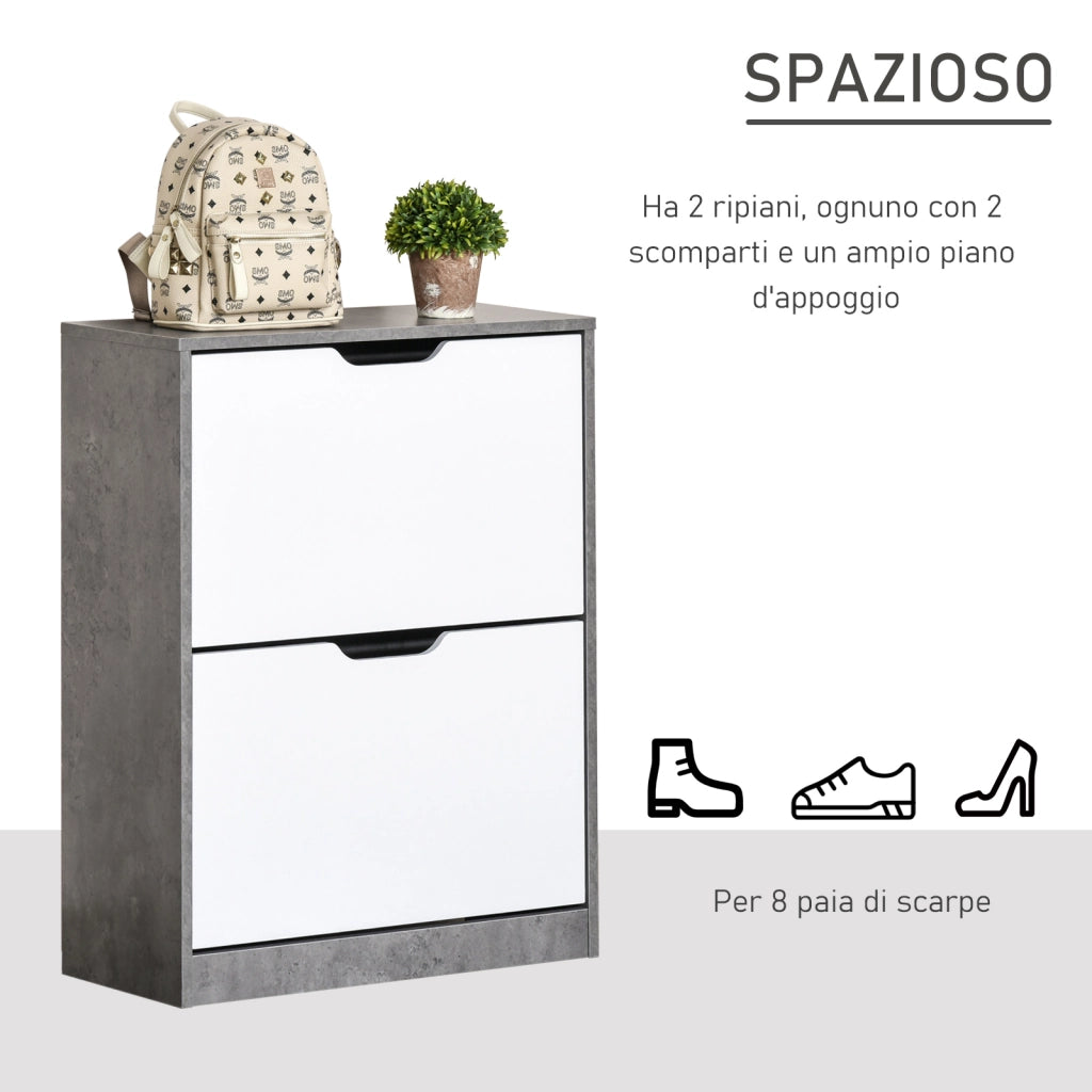 Scarpiera Salvaspazio Slim con 2 Ante a Ribalta, Scarpiera Ingresso con Ripiani Regolabili, Porta Scarpe per 8 Paia con Maniglia a Incavo, 62.5x26x81 cm, Grigio Cemento
