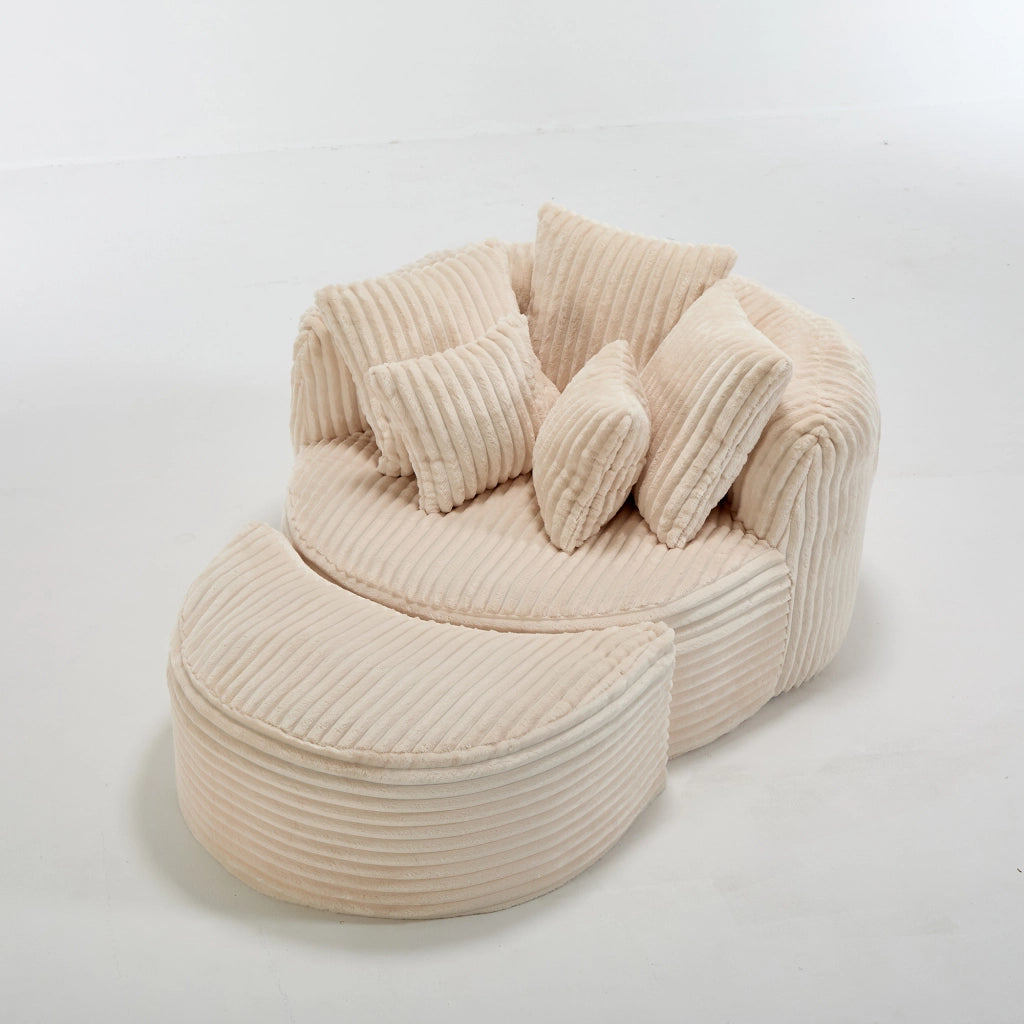 Poltrona da lettura con poggiapiedi e 5 cuscini in ciniglia beige