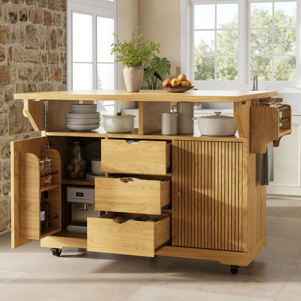 Carrello da cucina con 3 cassetti; ripiani regolabili e allunghe pieghevoli; per cucina e sala da pranzo