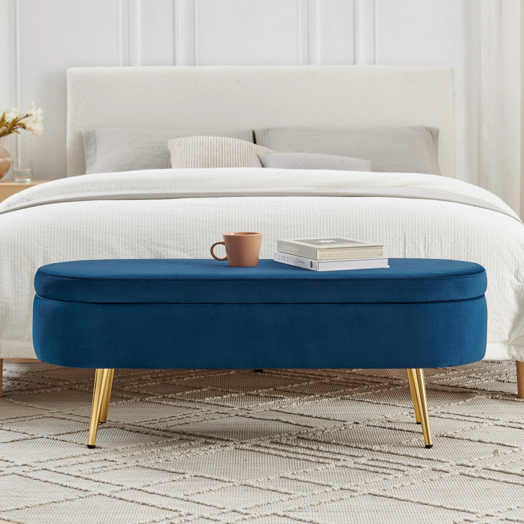 PANCHINA CONTENITORE 110x40x42 cm in velluto blu con gambe in metallo