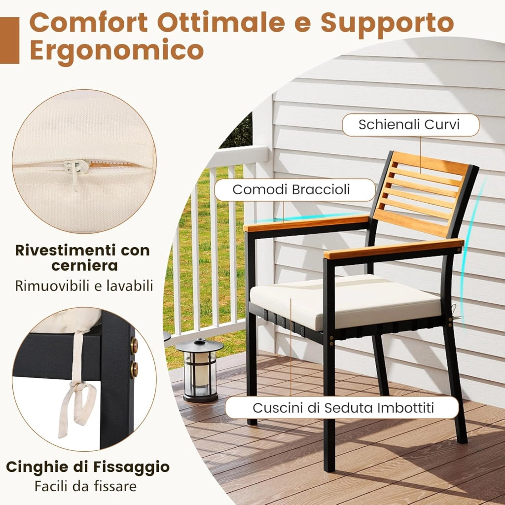 Tavolo Allungabile e 6 Sedie da Esterno, Pranzo da Giardino in Legno Massello, Tavolo con Foro per Ombrellone e Poltrone con Cuscini, Schienale e Braccioli, per Balcone e Cortile