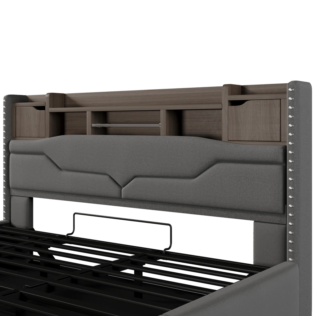 Letto contenitore 180x200 cm con LED, stazione di ricarica e testiera con vano
