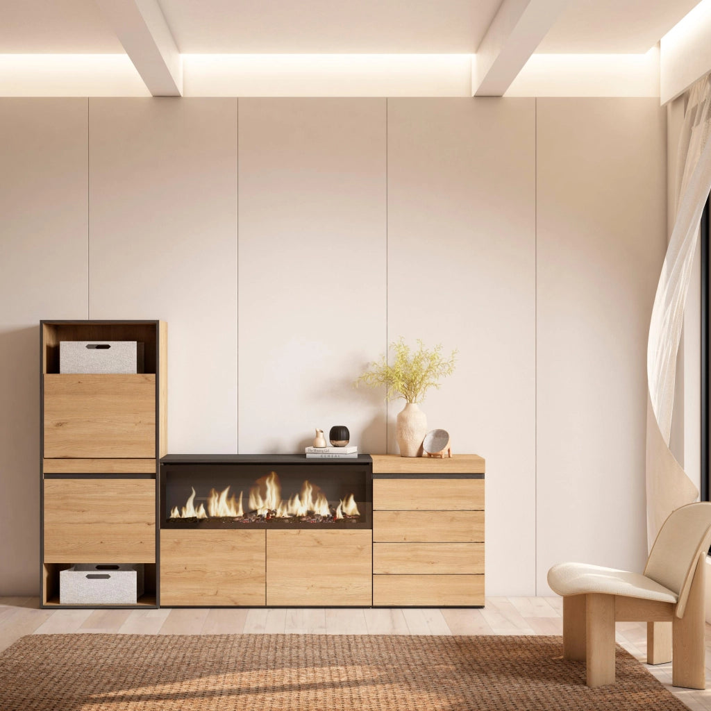 Scarpiera, 224x35x145cm, Camera da letto, Camino elettrico XXL, Cassettiera, colore Rovere RF3564