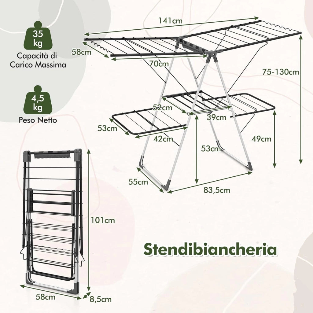 Stendibiancheria da Pavimento a 2 Piani Pieghevole con Ali Regolibili, Stendino in Acciaio Inox con Antiscivolo, Stendi Biancheria Salvaspazio per Interno ed Esterno, 141 x 58 x 130 cm, Grigio
