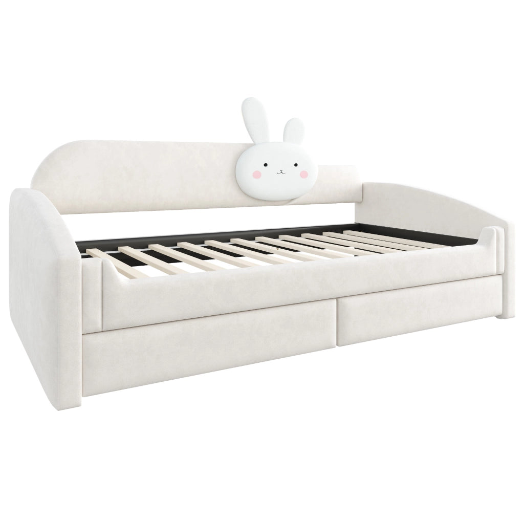 Letto imbottito 90x200 cm con cassetti e LED in velluto beige