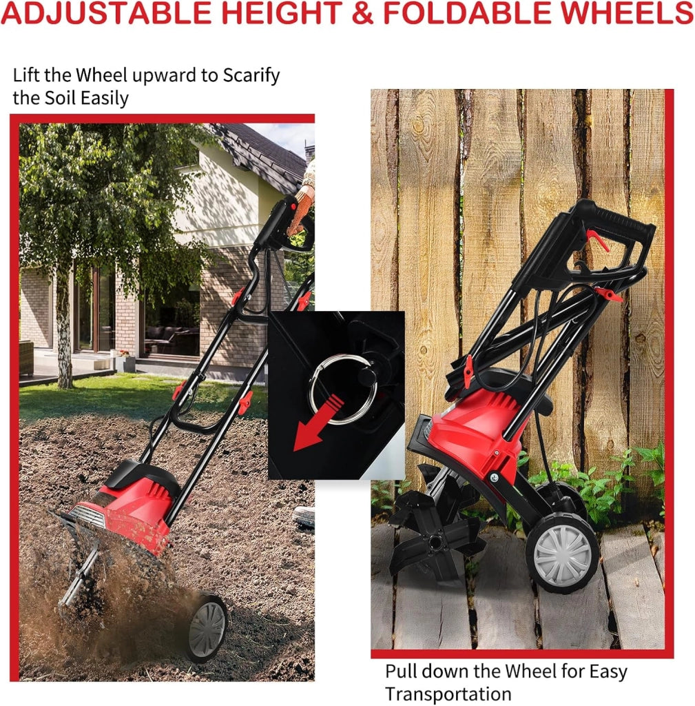 Motozappa Elettrica Pieghevole 1200W, Larghezza di Lavoro 36 cm Profondità di Lavoro 22 cm, 4 Lame, Zappatrice Elettrica per Orto e Giardino (Rosso, 36 x 40 cm, con Ruote)