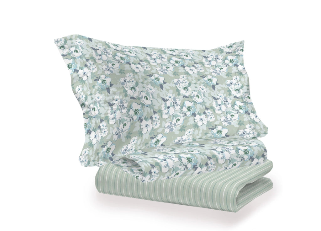 Completo Lenzuola Letto 100% Cotone Italy 3027 Disegno Indie - Piazza E Mezza - Verde