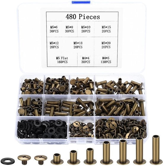 Set di viti a libro 480 pezzi - Viti a clessidra per pelle - M4/M5 Viti - Materiale bronzo resistente - Viti a clessidra - Facili da installare