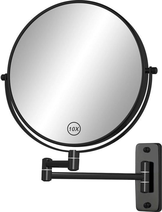 Specchio da trucco da 20 cm, 1x/10x specchio a due facce, specchio da bagno rotante e estendibile a 360°, specchio da trucco in materiale nero con estensione (senza illuminazione)