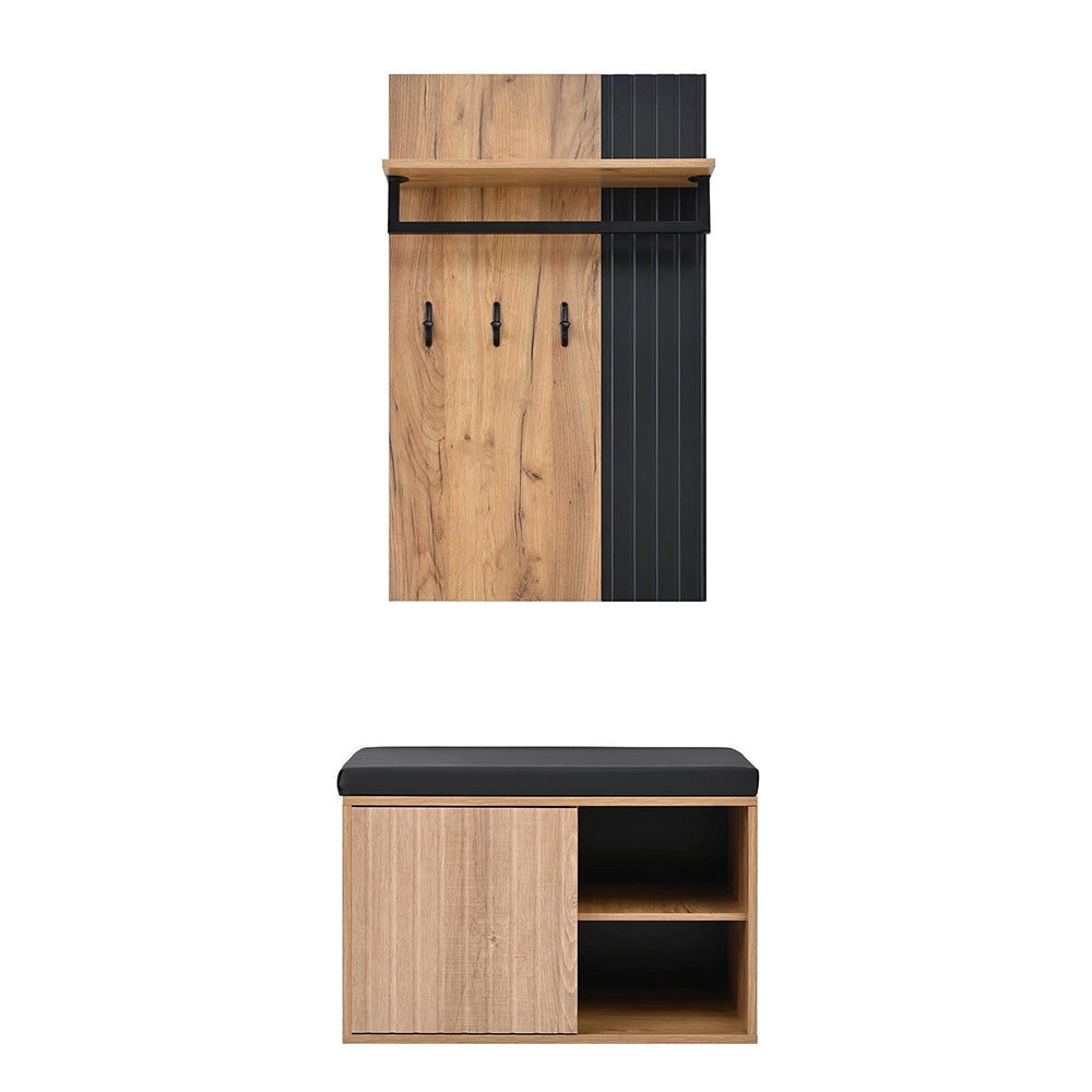 Panchina porta scarpe 2 ante - Xylo - con schienale 3 ganci, nero e naturale, L70xP36xH146 cm