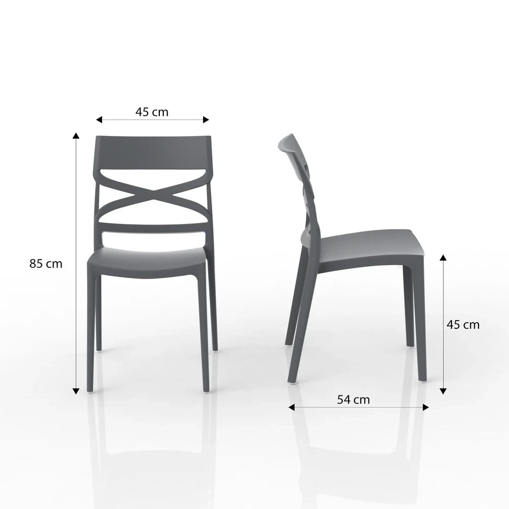 Set 4 sedie in polipropilene FLOW, 100% MADE IN ITALY, impilabile, resistente ai raggi UV, design moderno, ideale per sala da pranzo, cucina, bar, ristoranti o giardino, colore Grigio Metal