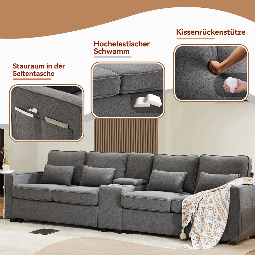 Canap?? 4 posti con braccioli portaoggetti - Xylo - Grigio scuro tessuto lino con console