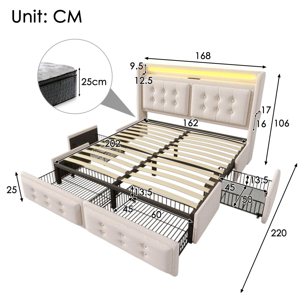 LETTO Contenitore 160x200 cm con materasso incluso, 4 cassetti, Beige