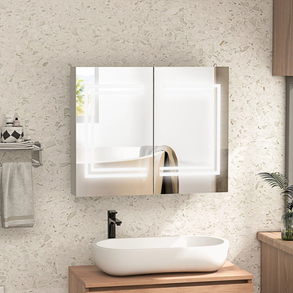 Specchio da Bagno Contenitore con Luce LED 80x15x65 cm Anta Soft Close Dimmerabile a 3 Colori Bianco Lucido