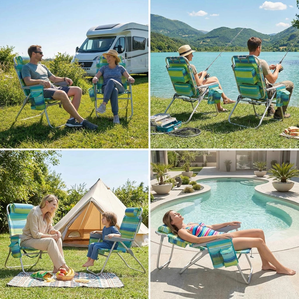 Sedia da Spiaggia Pieghevole in Lega di Alluminio, Leggera, Set da 2 Sedie con 1 Tavolo, Sedia Pieghevole Portatile a Zaino, Sedia da Campeggio, Reclinabile, Capacità di Carico fino a 150 kg