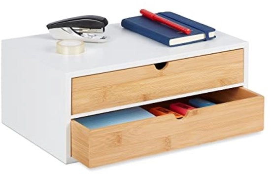 Organizzatore di scrivania in bambù e MDF con 2 ante - 14 x 33 x 21 cm - Cassettiera mini bianca/natura Blocco ante