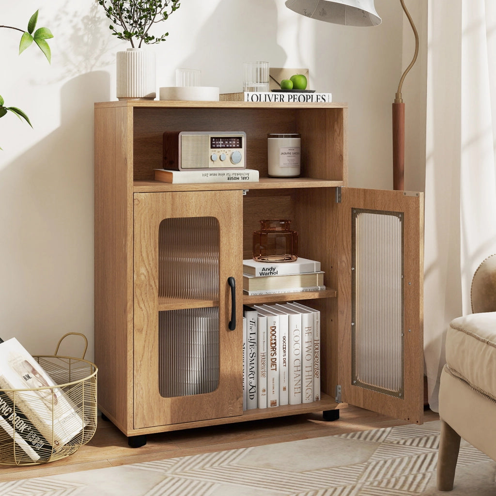 Mobiletto da bagno autoportante con 2 ante ripiano regolabile a 3 livelli scomparto aperto-Mobili da Bagno Organizer per bagno design anti Naturale