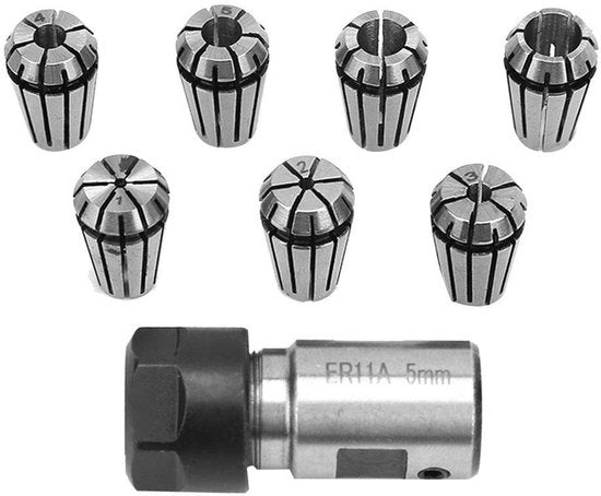 Kit di sostegno a vite ER11 composto da 7 pezzi di estensore a 5 mm - ER11 veerbussen - acciaio di alta qualità - serraggio automatico - lavorazione CNC - durata nel tempo - sostegno a vite