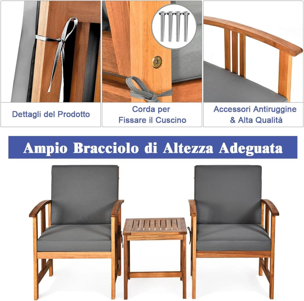 Set di Mobili da Giardino, Sedie Imbottiti in Legno con Cuscini e Tavolino da Caffè, Set da Mobili da Esterno per Cortile, Bordo Piscina e Balcone