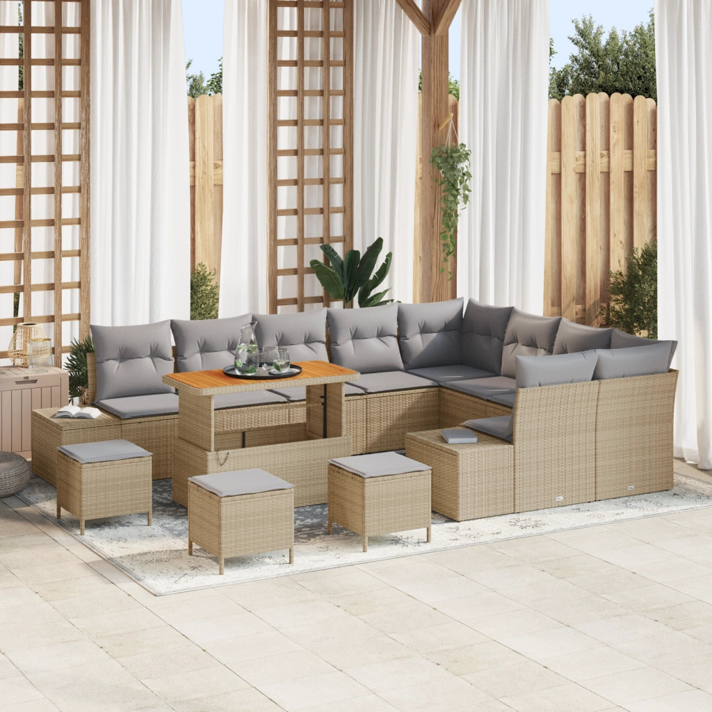 Set di divano da giardino  13 pezzi con cuscini beige polyrattan acacia