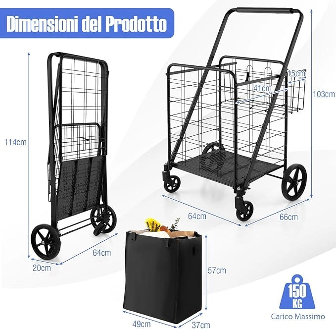 Carrello Portaspesa Pieghevole con Sacca, Carrello della Spesa Pieghevole con Ruote Girevoli a 360°, 2 Cesti, Capacità di Carico: 150 kg, 126 L, 66 x 64 x 103 cm (Nero)