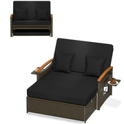 Set divano da giardino in rattan con cuscino e panca contenitore, Divano letto da esterno Nero