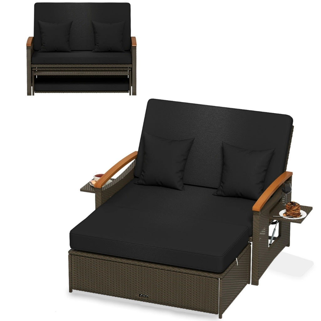 Set divano da giardino in rattan con cuscino e panca contenitore, Divano letto da esterno Nero