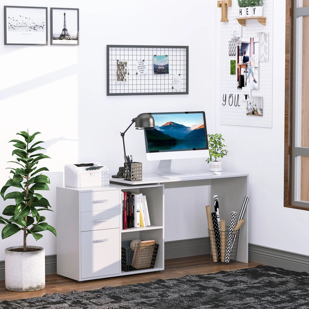 Scrivania angolare e dritta modulabile per computer, in MDF bianco con 3 cassetti e 2 vani, salvaspazio per casa e ufficio