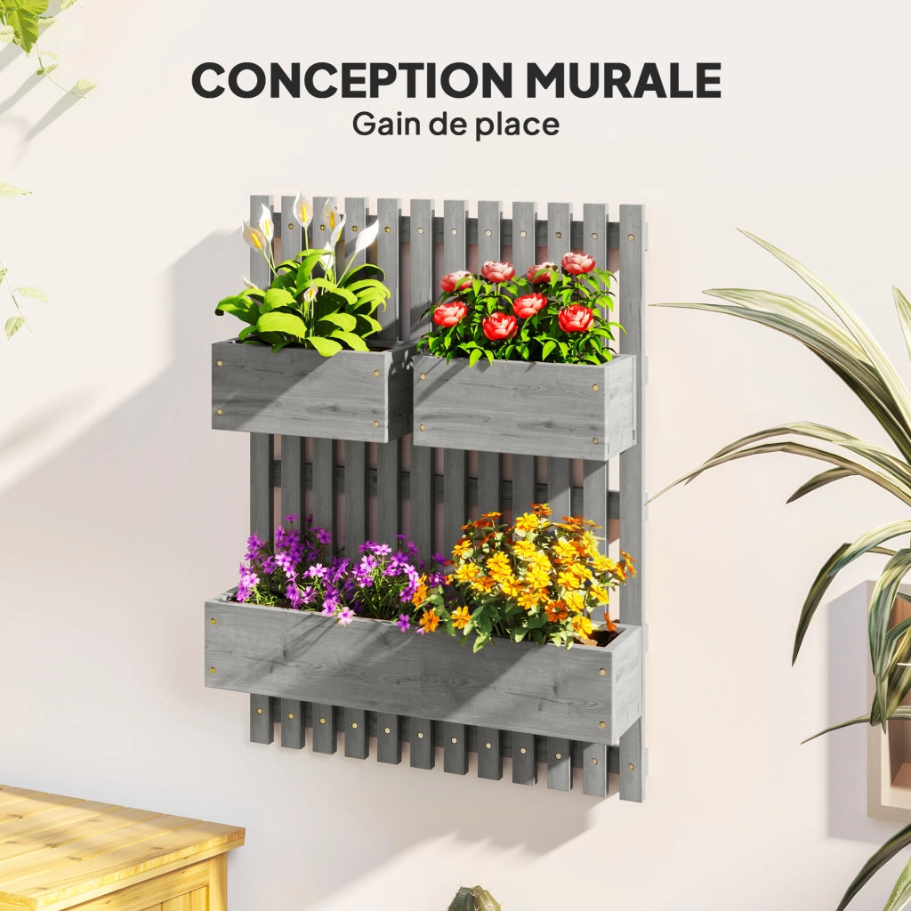 Fioriera verticale da parete con 3 cassette in legno massello ¨C Xylo ¨C Grigio 60x16x80 cm