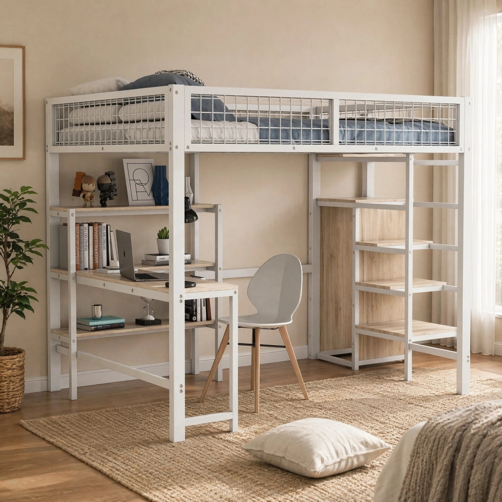 LETTO a soppalco 140x200 cm in MDF e metallo Bianco con scrivania e armadio