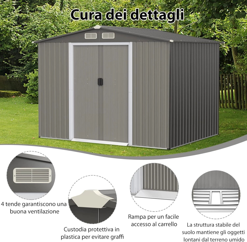 Casetta da Giardino per Attrezzi in Acciaio Zincato, con Base, Porte, Sfoghi, Maniglie e Tettoia, Capanno da Esterno per Giardino, Prato e Cortile, 260 x 207 x 180 cm, Grigio Chiaro