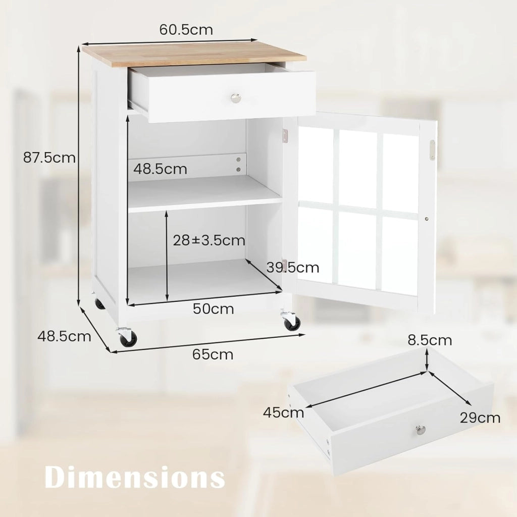 Carrello da cucina con ruote, carrello di servizio con cassetto, porta in vetro temperato, portasciugamani in legno di gomma, tavolo da bar mobile con ripiano regolabile per soggiorno