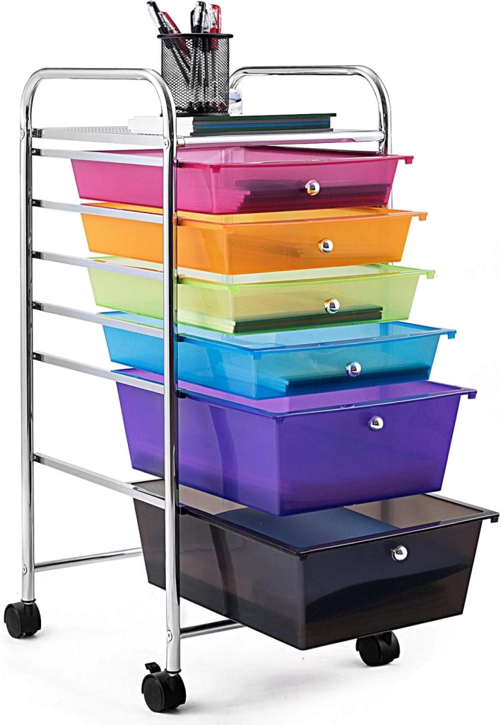 Carrello con 6 Cassetti, Portaoggetti Multistrato, Carrello da Stoccaggio a 6 Ripiani, Contenitore con Ruote, Scaffale Mobile Salvaspazio, 32x37x74 cm, Colorato