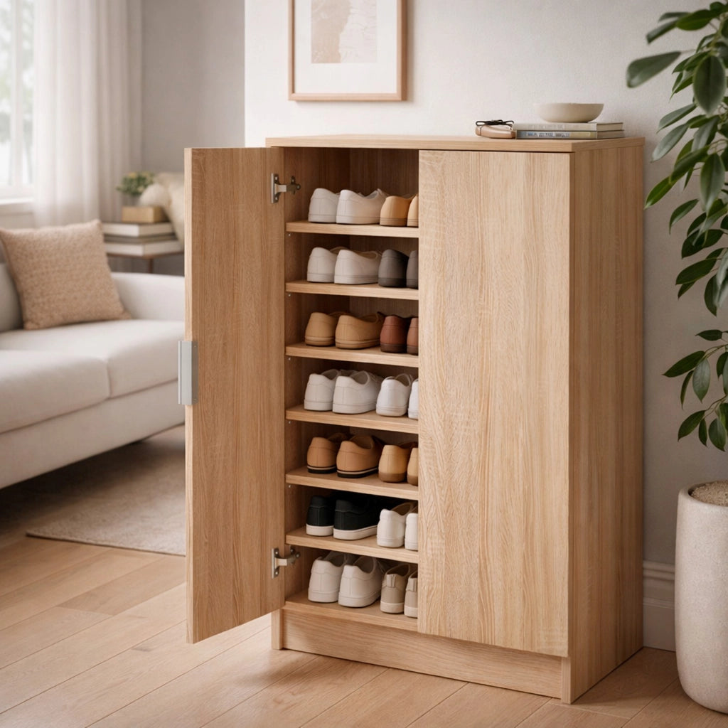 Mobile Porta Scarpe Armadio Multiuso Con 2 Ante E 6 Ripiani Estraibili Scarpiera Salvaspazio Design Moderno Minimal Per Ingresso Corridoio Camera Ripostiglio 108 X 55 X 39.6 Cm Rovere