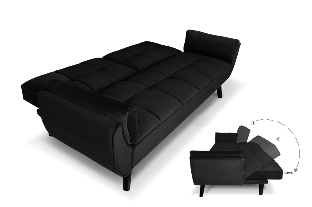 Divano letto clic clac in velluto nero piede nero - divano 3 posti - Ambra - DL-AM10VLT-PLN
