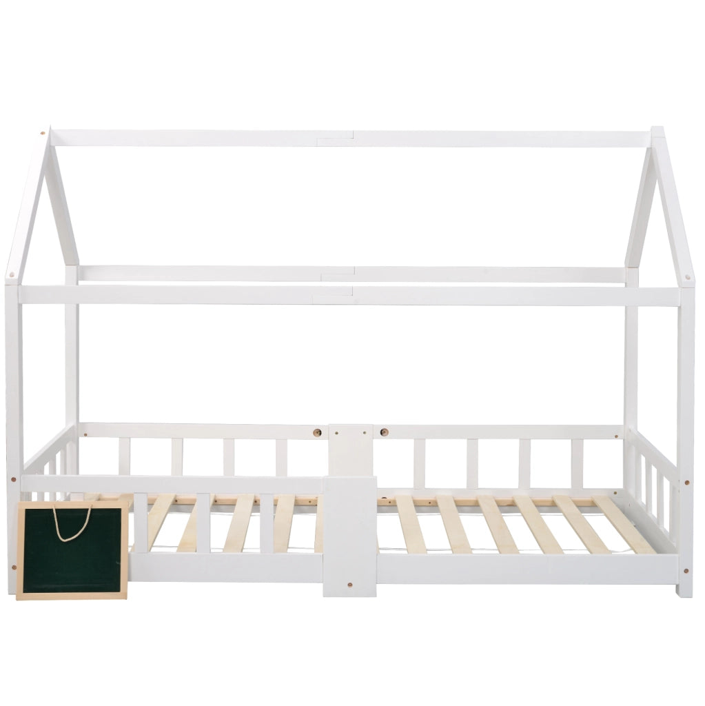 Letto per bambini a casetta 90x200 cm con lavagna e protezione anticaduta; legno bianco